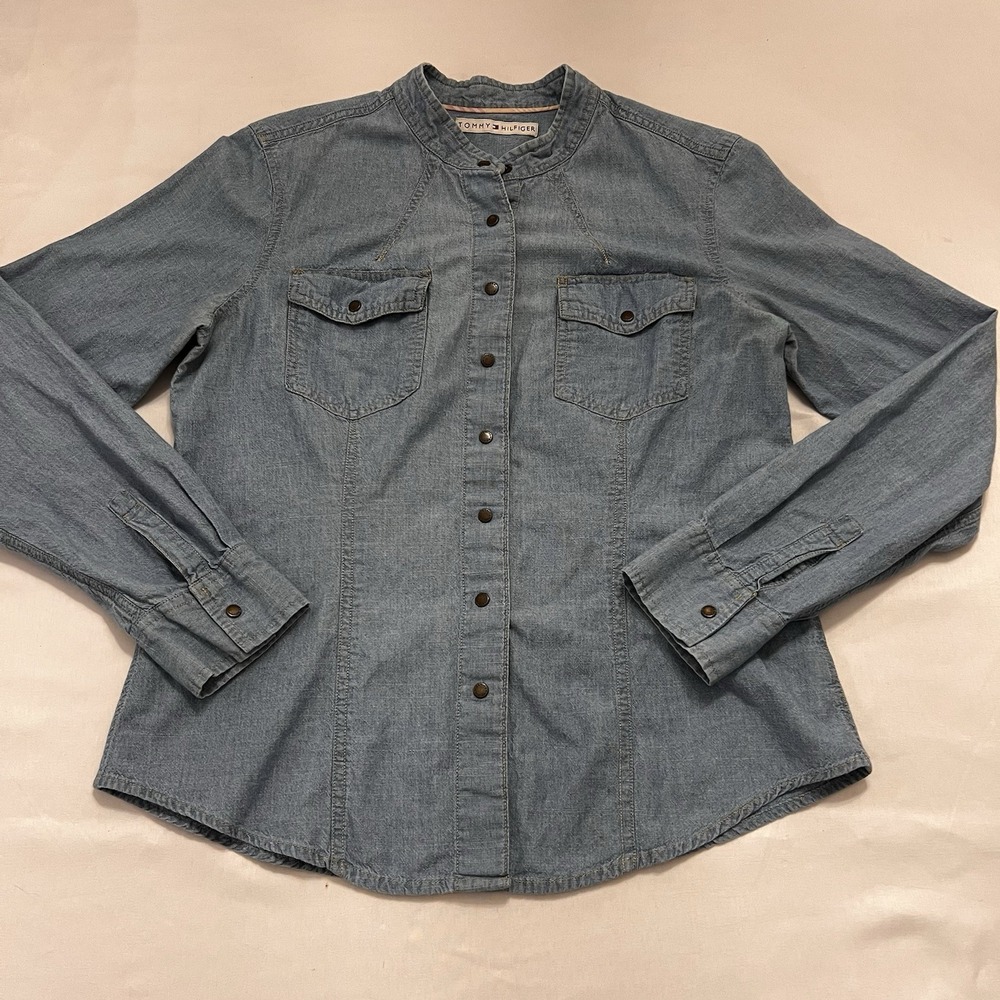 VTG‎ Y2K Tommy Hilfiger Top Blue Denim Chambray Snap Band Collar Western Size 12